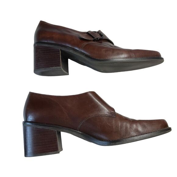 Bandolino Alanta Brown Leather Buckle Monk Strap Stacked Heel Shoes Size 9 - Picture 9 of 13